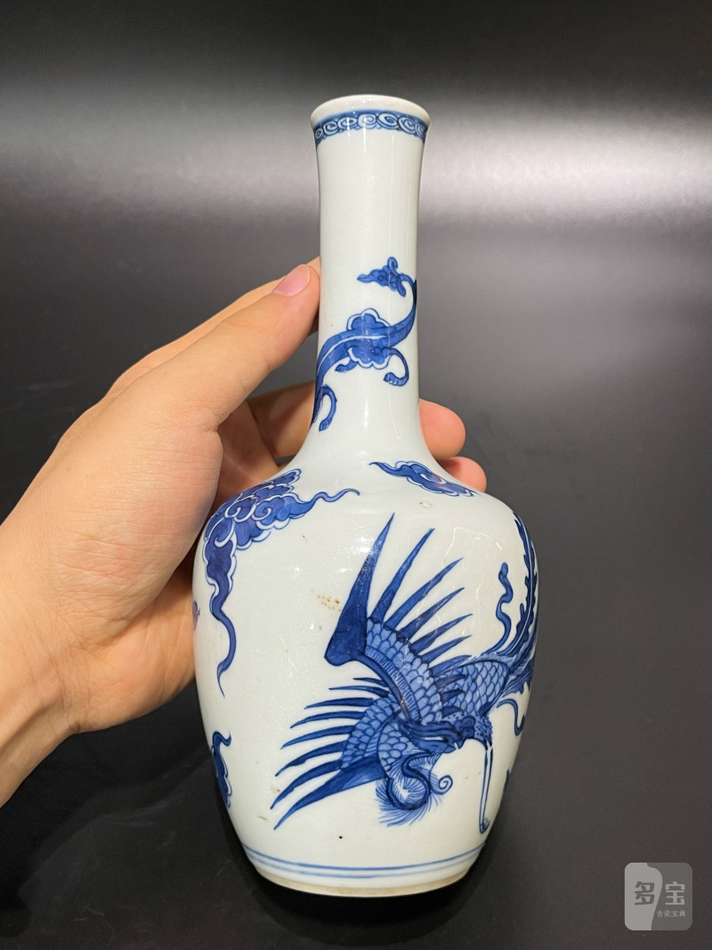 清康熙 青花凤纹长颈瓶 - 图7